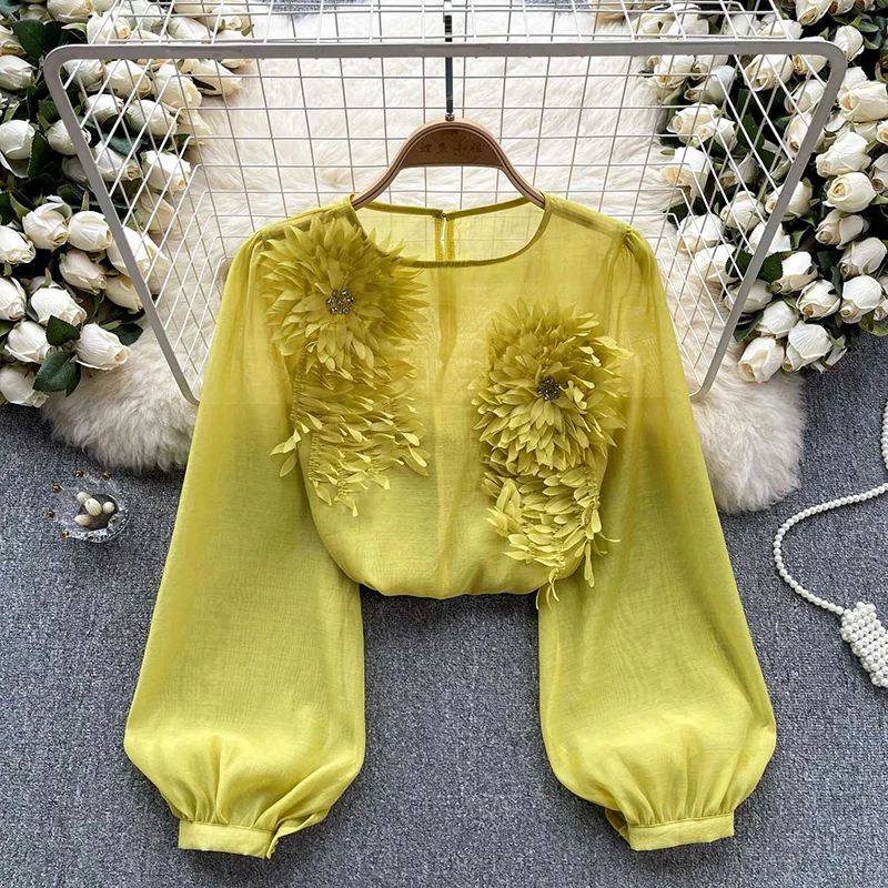 French style round neck elegant shirt women in spring new design sense three-dimensional flower slim fit bubble sleeve top
French style round neck elegant shirt women in spring new design sense three-dimensional flower slim fit bubble sleeve top