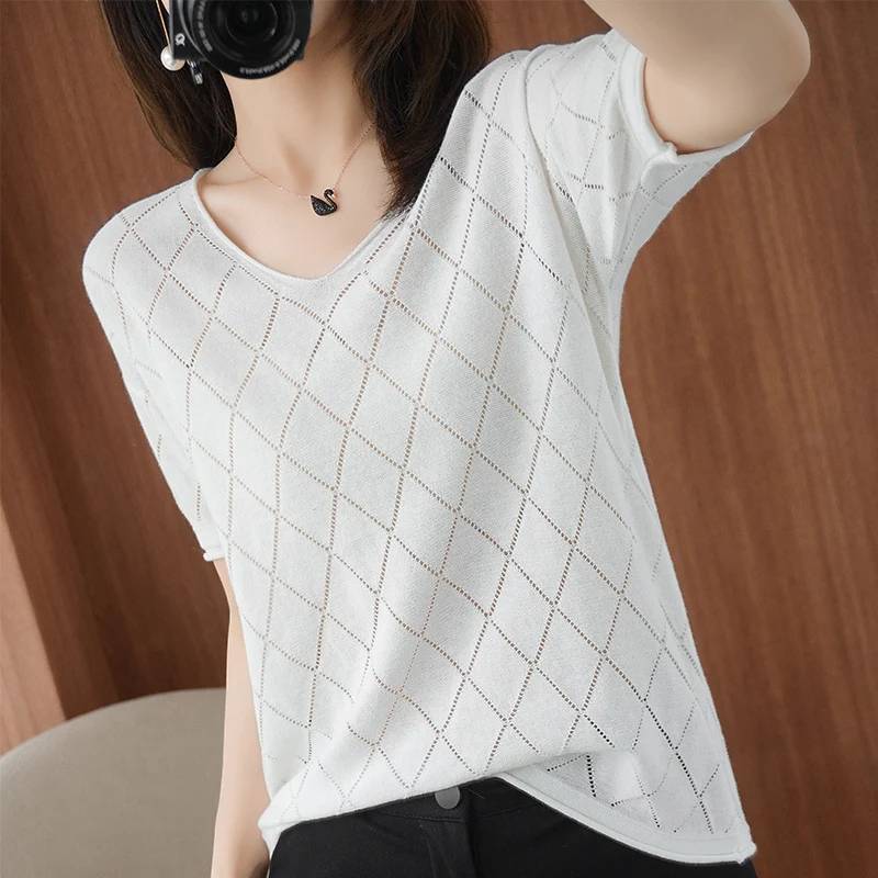 Summer women's T-shirt casual hollow knitted short sleeved V-neck Tees loose Tops 100% pure cotton Blouse solid color pullover T
Summer women's T-shirt casual hollow knitted short sleeved V-neck Tees loose Tops 100% pure cotton Blouse solid color pullover T