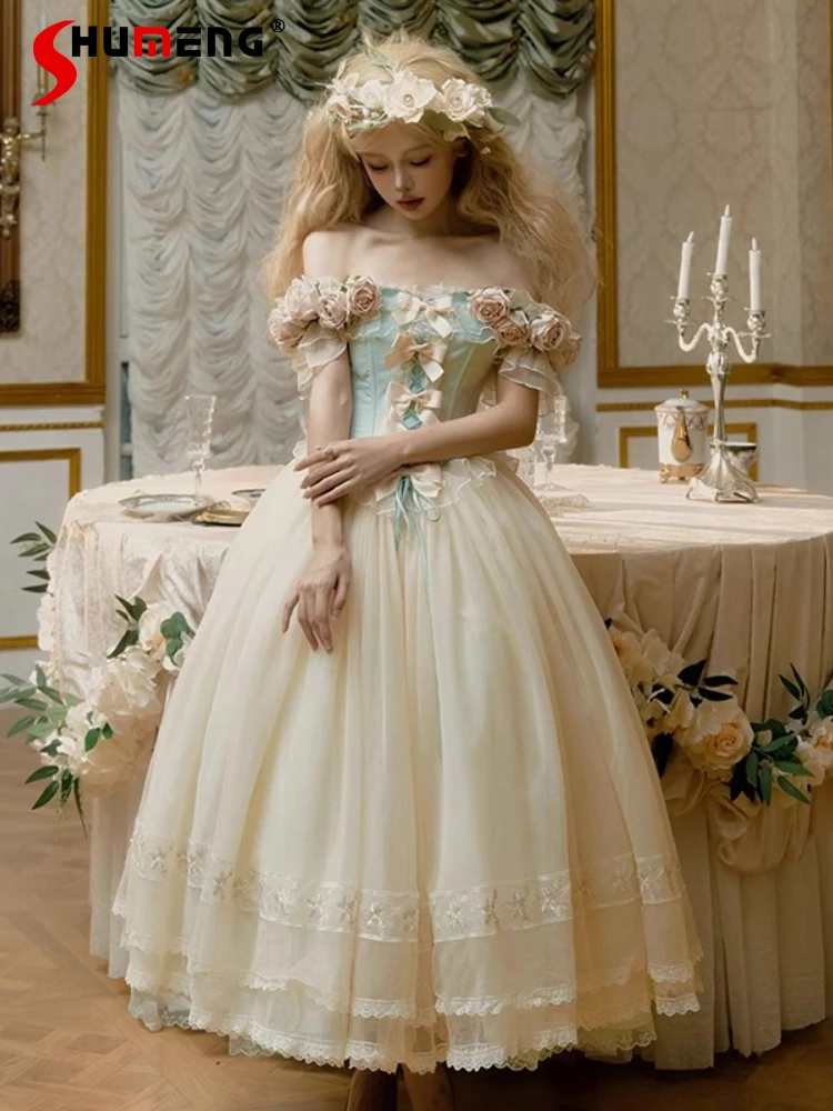 Elegant Vintage Princess Birthday Party Dress 3D Rose Off-Shoulder Short Sleeve Lace-up Slim Mesh Fluffy Lolita Long Dress Women
Elegant Vintage Princess Birthday Party Dress 3D Rose Off-Shoulder Short Sleeve Lace-up Slim Mesh Fluffy Lolita Long Dress Women