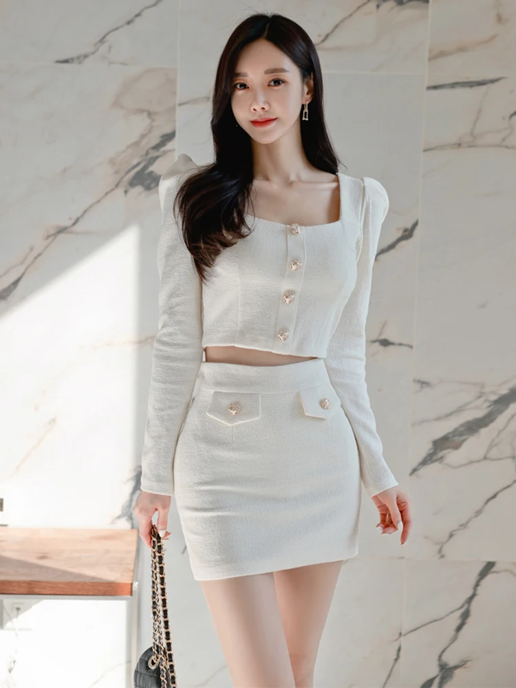 Spring Autumn 2 Pieces Outfits Elegant Women White Square Collar Short Cropped Tops Shirt Blouse High Waist Mini Skirt Mujer Set
Spring Autumn 2 Pieces Outfits Elegant Women White Square Collar Short Cropped Tops Shirt Blouse High Waist Mini Skirt Mujer Set