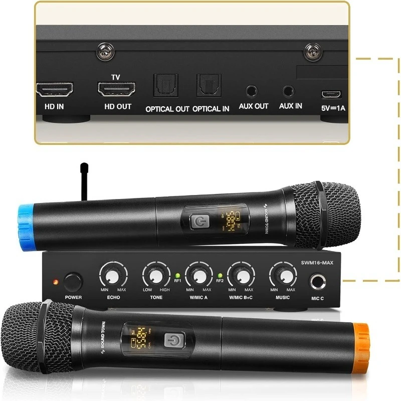Беспроводная микрофонная система караоке-микшера с обратным каналом HD Audio, оптическая (Toslink), AUX, поддерживает Smart TV
Беспроводная микрофонная система караоке-микшера с обратным каналом HD Audio, оптическая (Toslink), AUX, поддерживает Smart TV