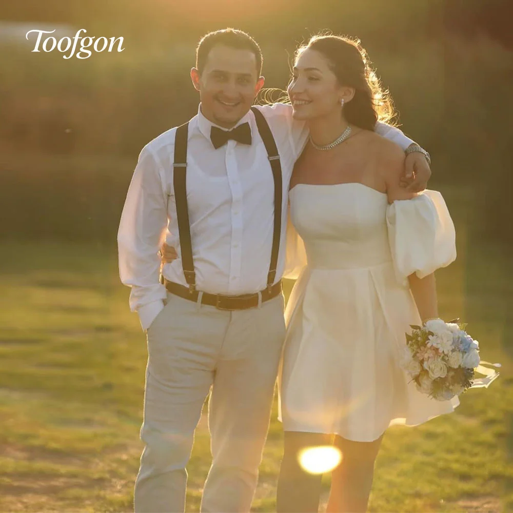 Toofgon Simple Strapless MIni Wedding Dresses Customized Elastic Satin Bride Gown Puff Sleeve Backless Short Wedding Party Dress
Toofgon Simple Strapless MIni Wedding Dresses Customized Elastic Satin Bride Gown Puff Sleeve Backless Short Wedding Party Dress