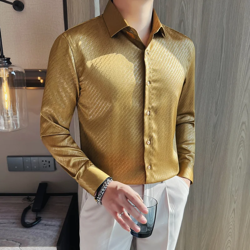 New Golden Bright Shirt Spring Men Long Sleeved Solid Color Shinny Stage Dress Shirts Costume Homme Nightclub Casual Shirt
New Golden Bright Shirt Spring Men Long Sleeved Solid Color Shinny Stage Dress Shirts Costume Homme Nightclub Casual Shirt