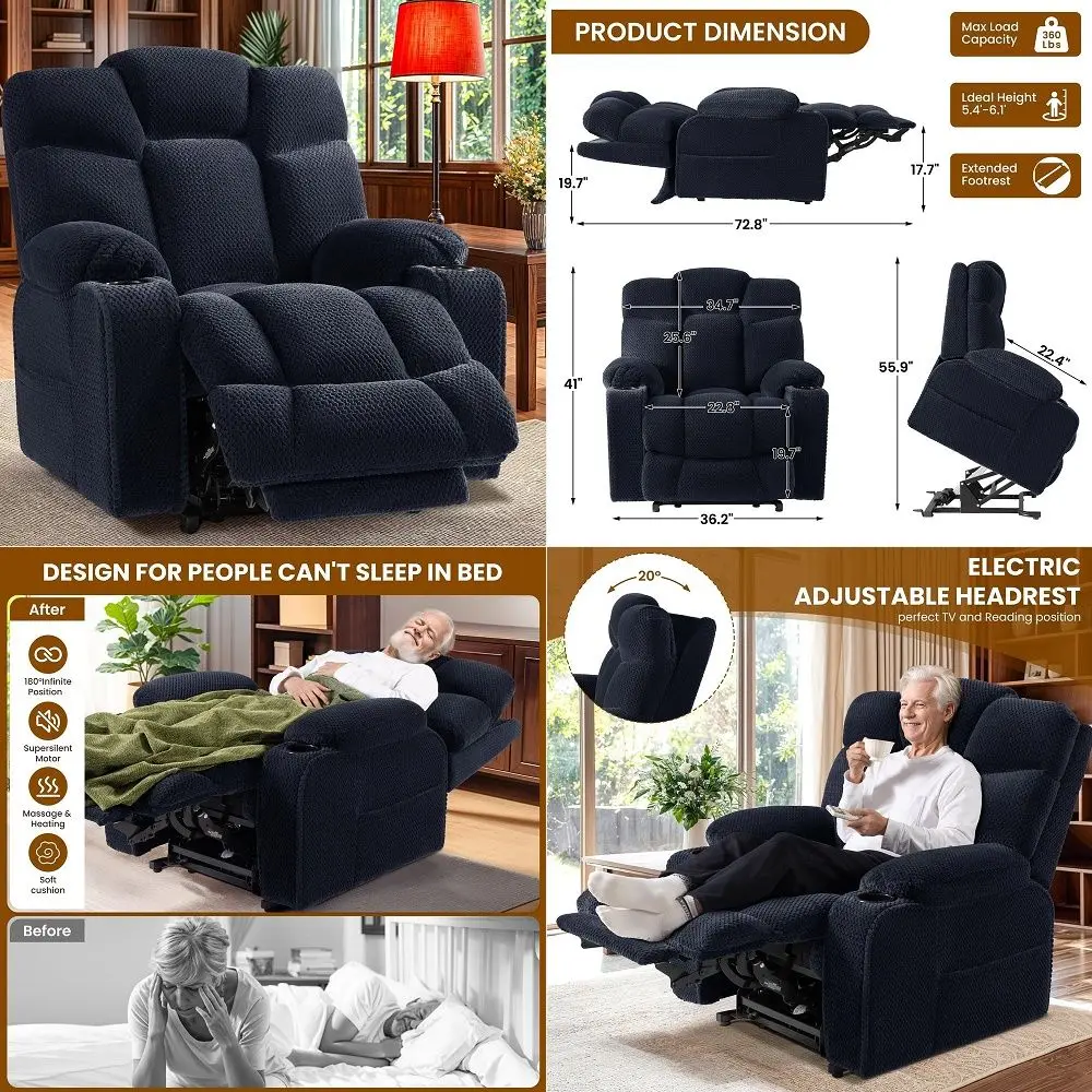 Triple Motor Power Lift Recliner Chair with Massage and Dual Heating, Adjustable Headrest for Elderly People, Faux Leather 7632
Triple Motor Power Lift Recliner Chair with Massage and Dual Heating, Adjustable Headrest for Elderly People, Faux Leather 7632