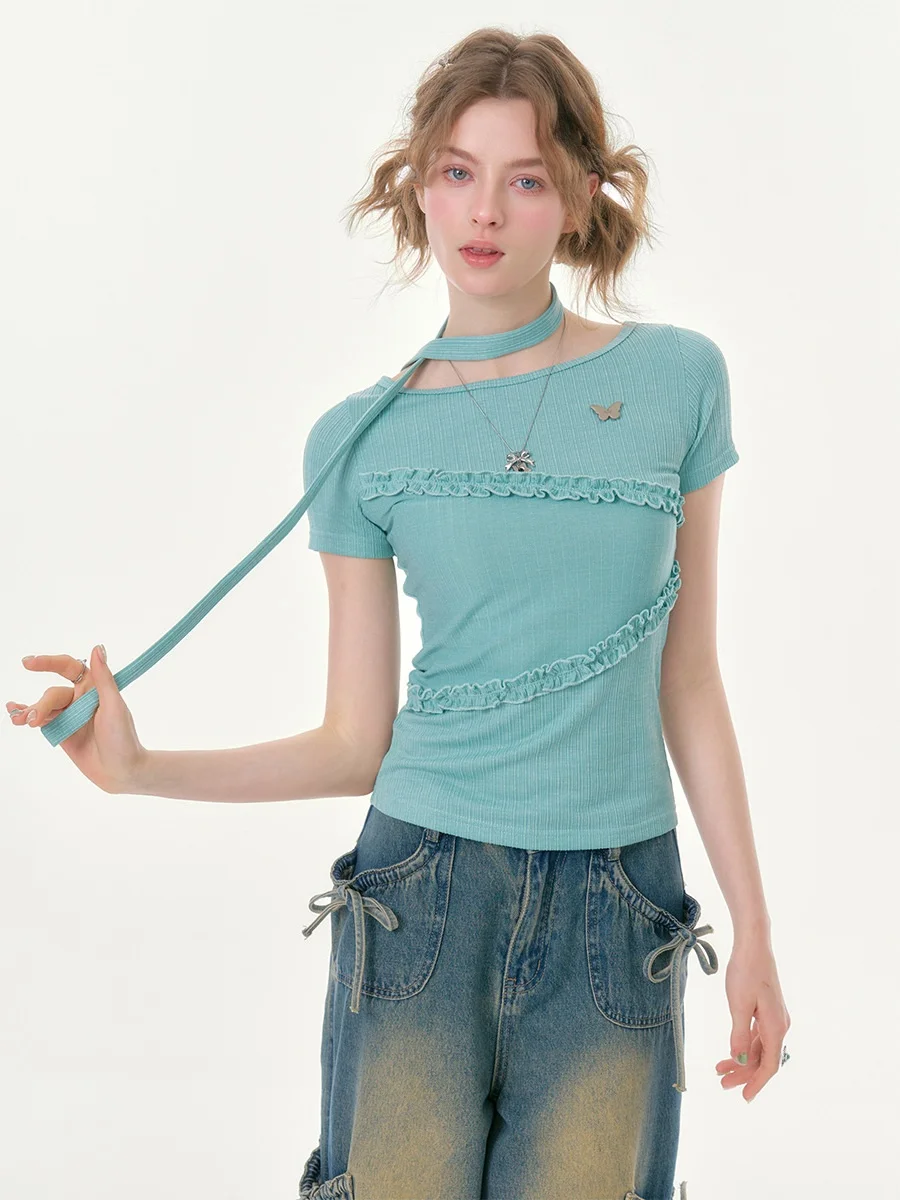 ZiziFei Summer New Style Asymmetric Earlet Lace Trim round Neck Slim Fit Short Sleeve T-Shirt Women's Fashion Polyester Blend
ZiziFei Summer New Style Asymmetric Earlet Lace Trim round Neck Slim Fit Short Sleeve T-Shirt Women's Fashion Polyester Blend