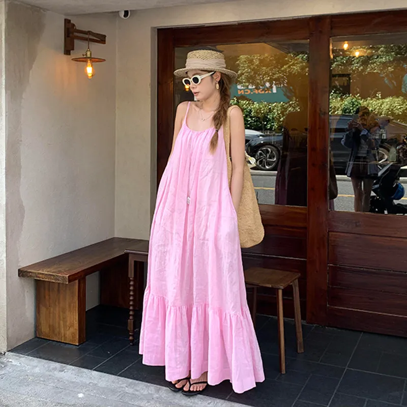 Pink Elegant Loose Camisole Robe Halter Dresses Women Sleeveless Off-shoulder Backless Maxi Dresses Lady Vacation Beach Gowns
Pink Elegant Loose Camisole Robe Halter Dresses Women Sleeveless Off-shoulder Backless Maxi Dresses Lady Vacation Beach Gowns