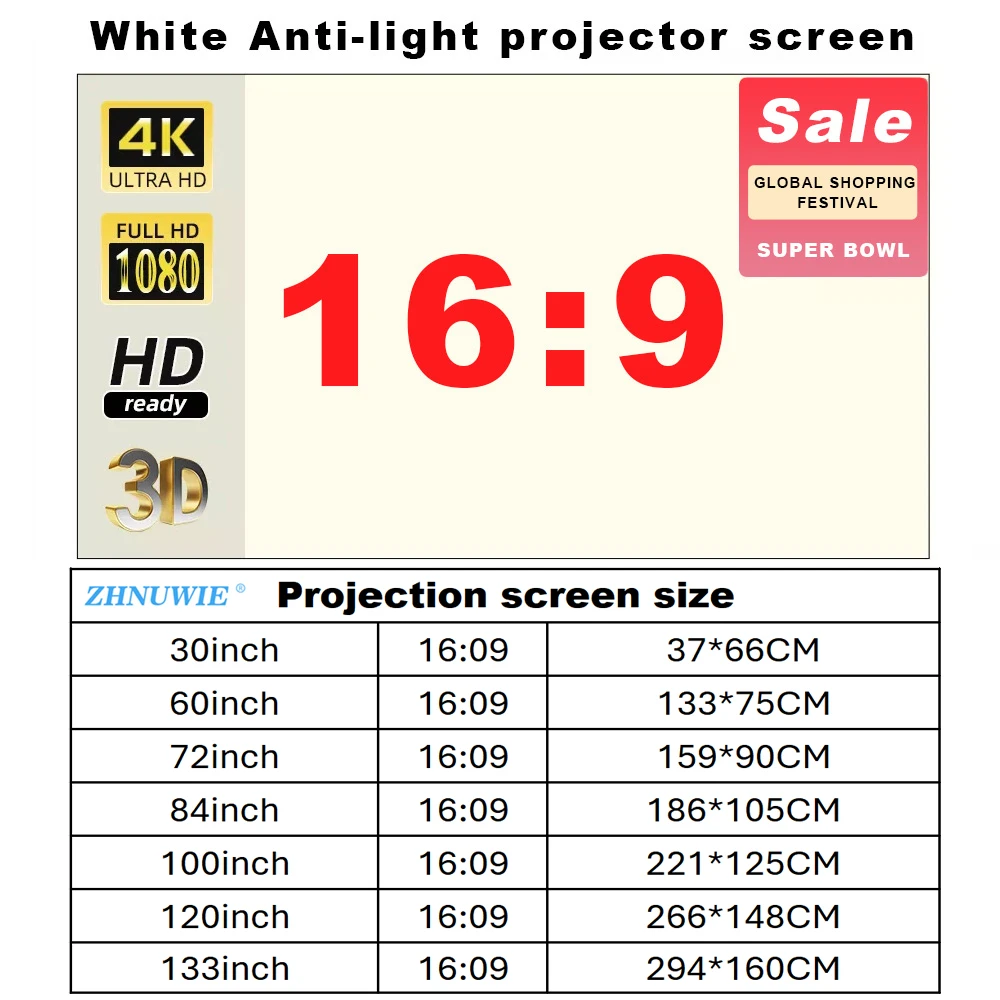 Projector Screen 16:9 High Brightness Reflective Foldable White Grid Anti Light Curtain 100 120 133 150 Inch HD for Home Outdoor
Projector Screen 16:9 High Brightness Reflective Foldable White Grid Anti Light Curtain 100 120 133 150 Inch HD for Home Outdoor