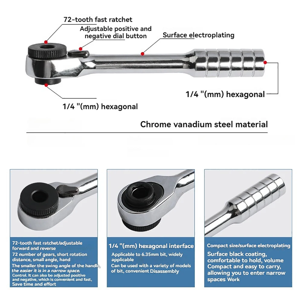 1/4" 72 Teeth Mini Ratchet Wrench - High Quality with Bit Socket, Daily Repair Bicycle Car Maintenance Hand Tool
1/4" 72 Teeth Mini Ratchet Wrench - High Quality with Bit Socket, Daily Repair Bicycle Car Maintenance Hand Tool
