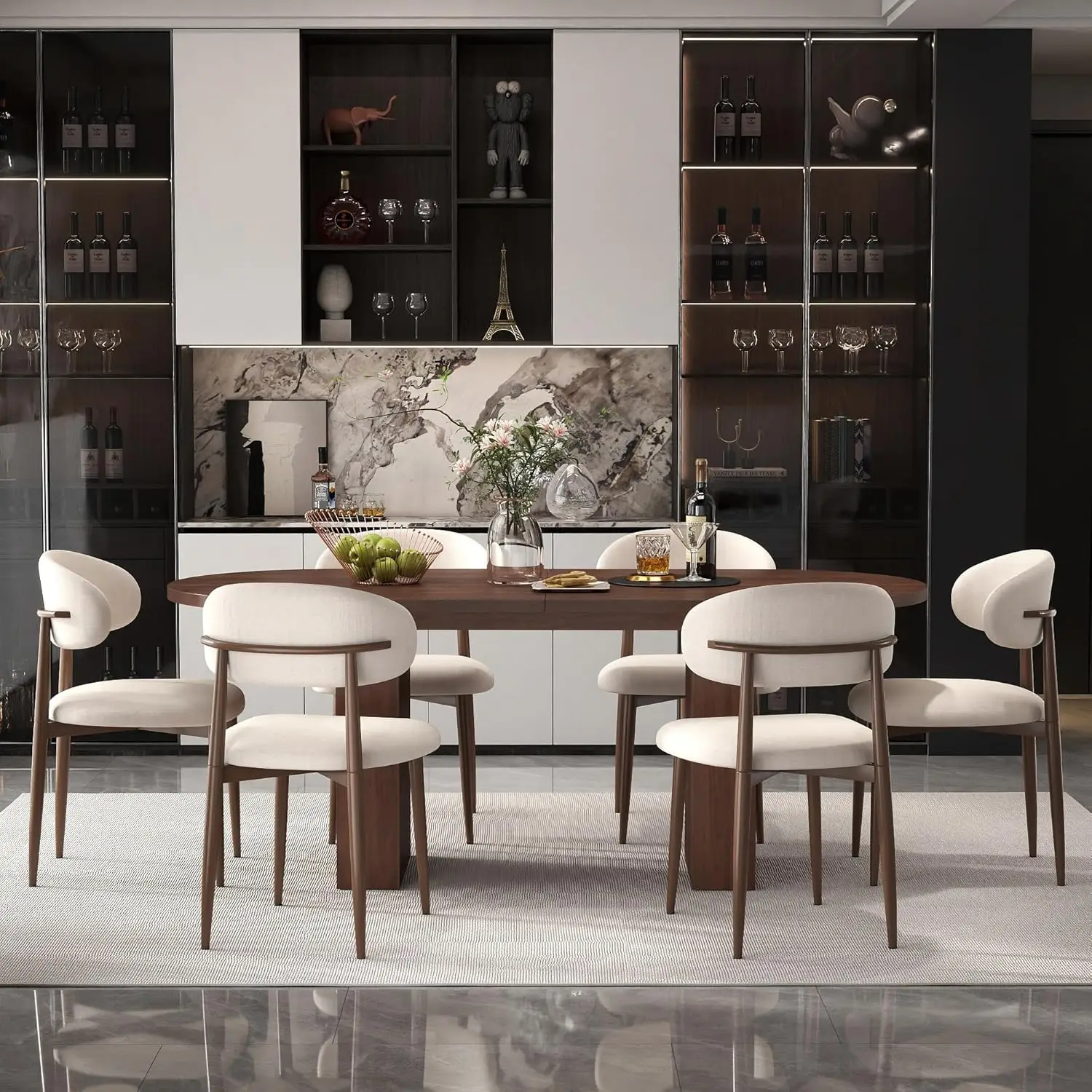 63" Oval Dining Table Set with 6 Chairs, Kitchen Table with Walnut Veneer MDF Tabletop & Base, Fabric Upholstered Dining Room Ch
63" Oval Dining Table Set with 6 Chairs, Kitchen Table with Walnut Veneer MDF Tabletop & Base, Fabric Upholstered Dining Room Ch