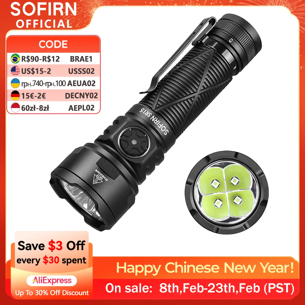 Sofirn SR15 Flashlight 4500LM SFT25R Powerful LED Light 21700 USB C Rechargeable 5V/3A Charge and Discharge Torch
Sofirn SR15 Flashlight 4500LM SFT25R Powerful LED Light 21700 USB C Rechargeable 5V/3A Charge and Discharge Torch
