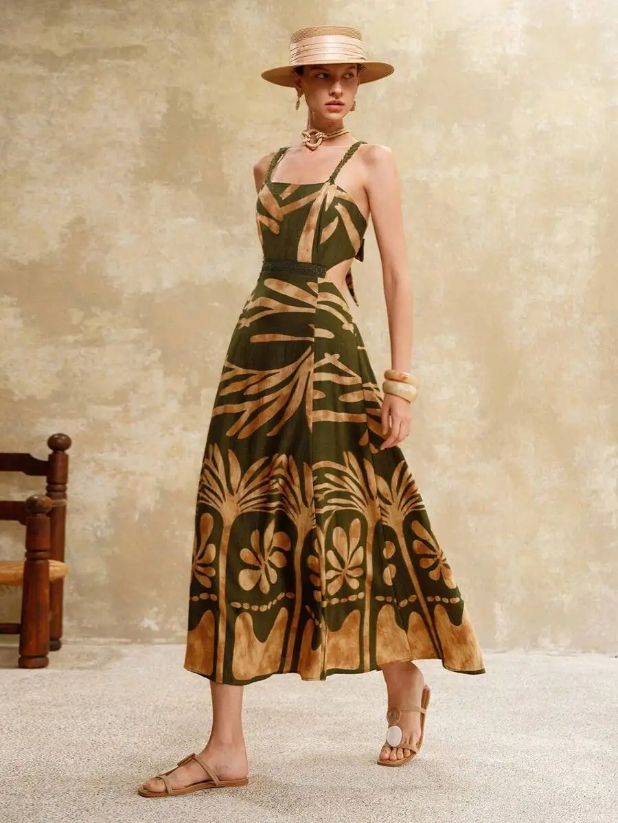 Womens Linen Tropical Print Backless Hollow Out Waist-Cinched Square Neck Suspender Dress
Womens Linen Tropical Print Backless Hollow Out Waist-Cinched Square Neck Suspender Dress