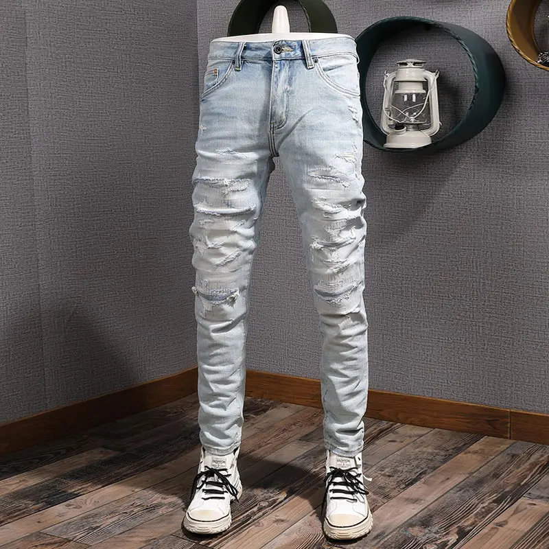 Street Fashion Men Jeans High Quality Retro Light Blue Stretch Slim Fit Patched Ripped Jeans Men Vintage Denim Pants Hombre
Street Fashion Men Jeans High Quality Retro Light Blue Stretch Slim Fit Patched Ripped Jeans Men Vintage Denim Pants Hombre