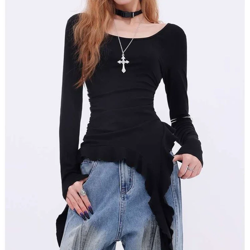 Deeptown Elegant Sexy T-Shirts Women Asymmetrical Y2k Black Ruffle Tees Coquette Fashion Grunge Solid Streetwear Tops Aesthetics
Deeptown Elegant Sexy T-Shirts Women Asymmetrical Y2k Black Ruffle Tees Coquette Fashion Grunge Solid Streetwear Tops Aesthetics