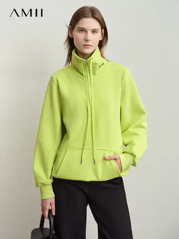 AMII Minimalism Women's Turtleneck Sweatshirts Casual Zipper Letter Embroidery 2025 Winter New Commuter Fleece Hoodies 12444129