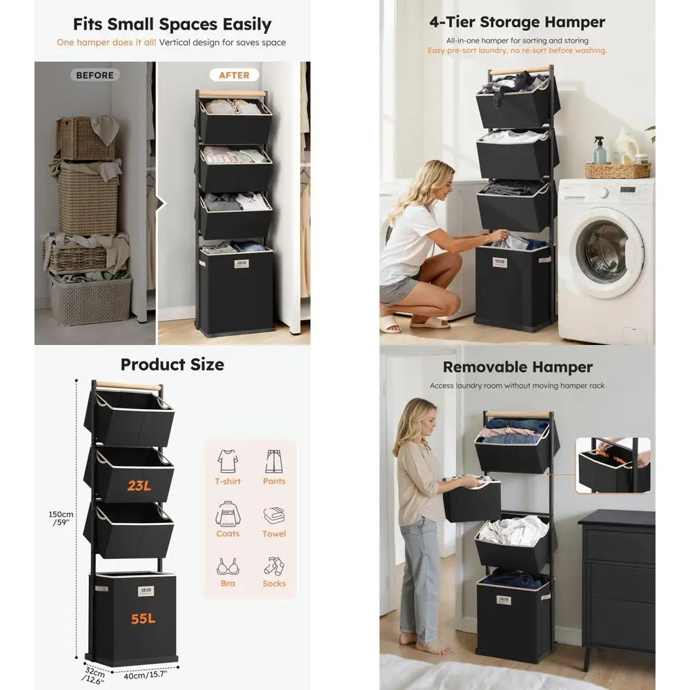 4-Section Stackable Laundry Basket Organizer, 125L Capacity, Ideal for Small Spaces, Dorms, and Bathrooms, Black
4-Section Stackable Laundry Basket Organizer, 125L Capacity, Ideal for Small Spaces, Dorms, and Bathrooms, Black