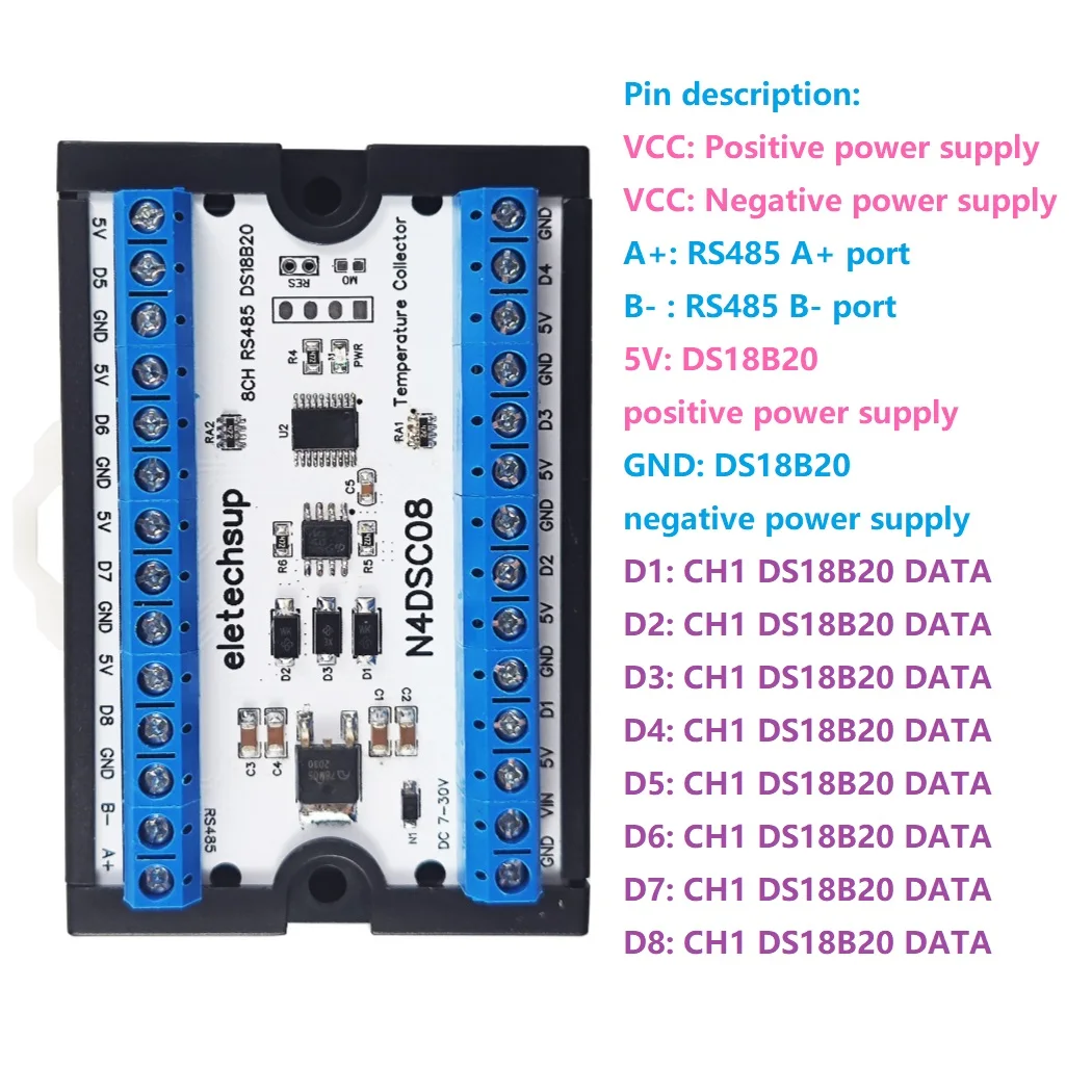 8-полосный 1-проводной цифровой датчик температуры DS18B20 Modbus RS485, модуль аналогового ввода-вывода, плата безбумажного регистратора
8-полосный 1-проводной цифровой датчик температуры DS18B20 Modbus RS485, модуль аналогового ввода-вывода, плата безбумажного регистратора