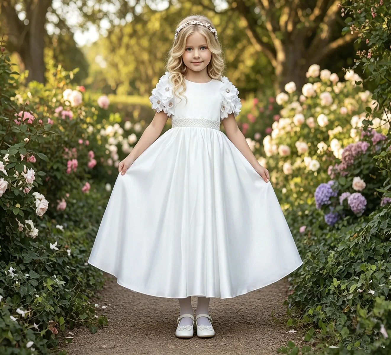 Elegant Girls First Communion Dress Satin Three-dimensional Flower Appliqué Flower Girl Dress Round Neck Pearl Girdle A Dress
Elegant Girls First Communion Dress Satin Three-dimensional Flower Appliqué Flower Girl Dress Round Neck Pearl Girdle A Dress