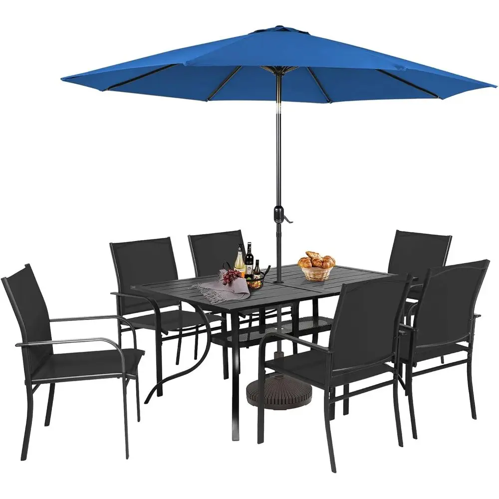 8-Piece Outdoor Dining Set: 6 Textilene Chairs, Metal Table, Blue Patio Umbrella for Garden Deck, Black
8-Piece Outdoor Dining Set: 6 Textilene Chairs, Metal Table, Blue Patio Umbrella for Garden Deck, Black