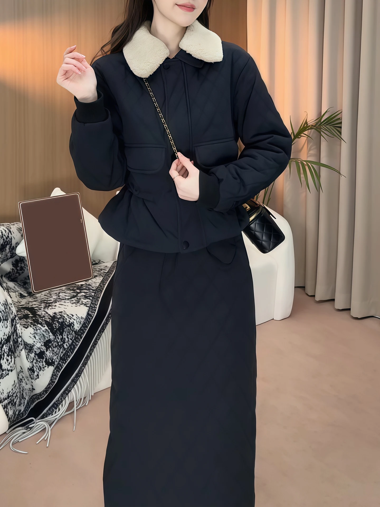 Retro Embossed Fur Collar Women's Cotton Jacket Skirt Set Warm Winter High Waist Long Sleeve Button up Casual Fashion Set
Retro Embossed Fur Collar Women's Cotton Jacket Skirt Set Warm Winter High Waist Long Sleeve Button up Casual Fashion Set