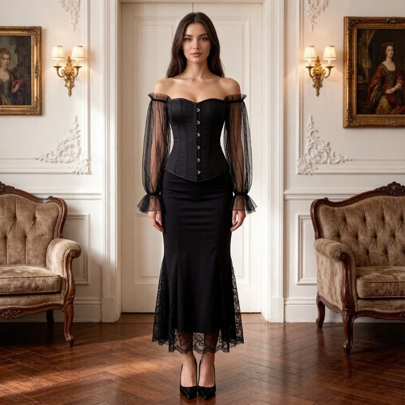 Gothic Black Satin Corset with Tulle Puff Sleeves Off Shoulder Bustier Top
Gothic Black Satin Corset with Tulle Puff Sleeves Off Shoulder Bustier Top