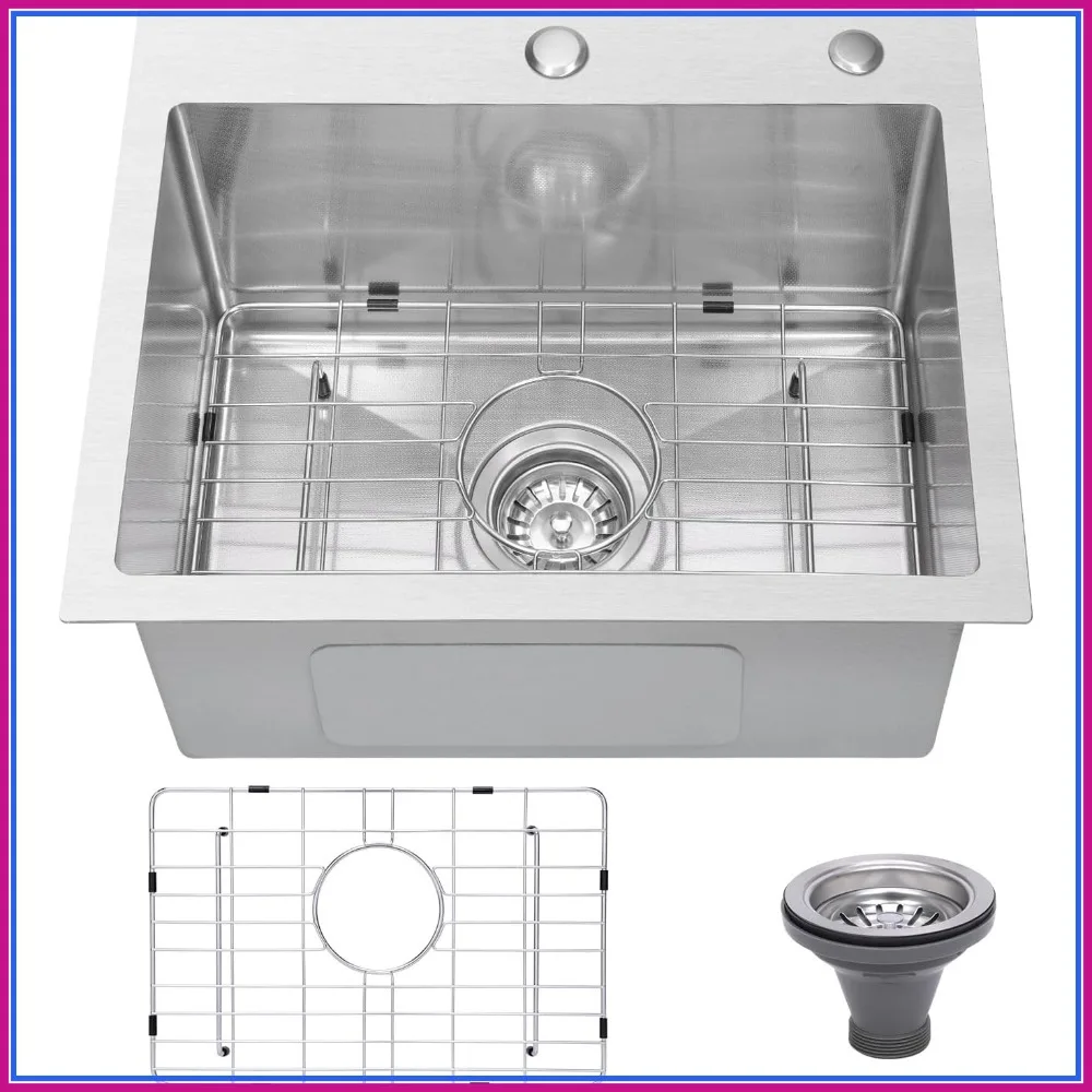 Drop In Kitchen Sink 25x22", 9" Basin Depth, 18 Gauge Stainless Steel, 3D Embossed Surface, Top Mount with Accessories
Drop In Kitchen Sink 25x22", 9" Basin Depth, 18 Gauge Stainless Steel, 3D Embossed Surface, Top Mount with Accessories