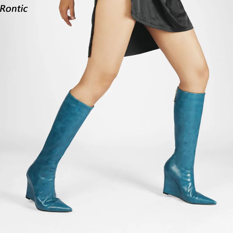 Rontic Женские зимние сапоги ручной работы на молнии сзади на танкетке с острым носком Красивые сине-коричневые туфли для ночного клуба Размер США 5-10,5 
Rontic Женские зимние сапоги ручной работы на молнии сзади на танкетке с острым носком Красивые сине-коричневые туфли для ночного клуба Размер США 5-10,5