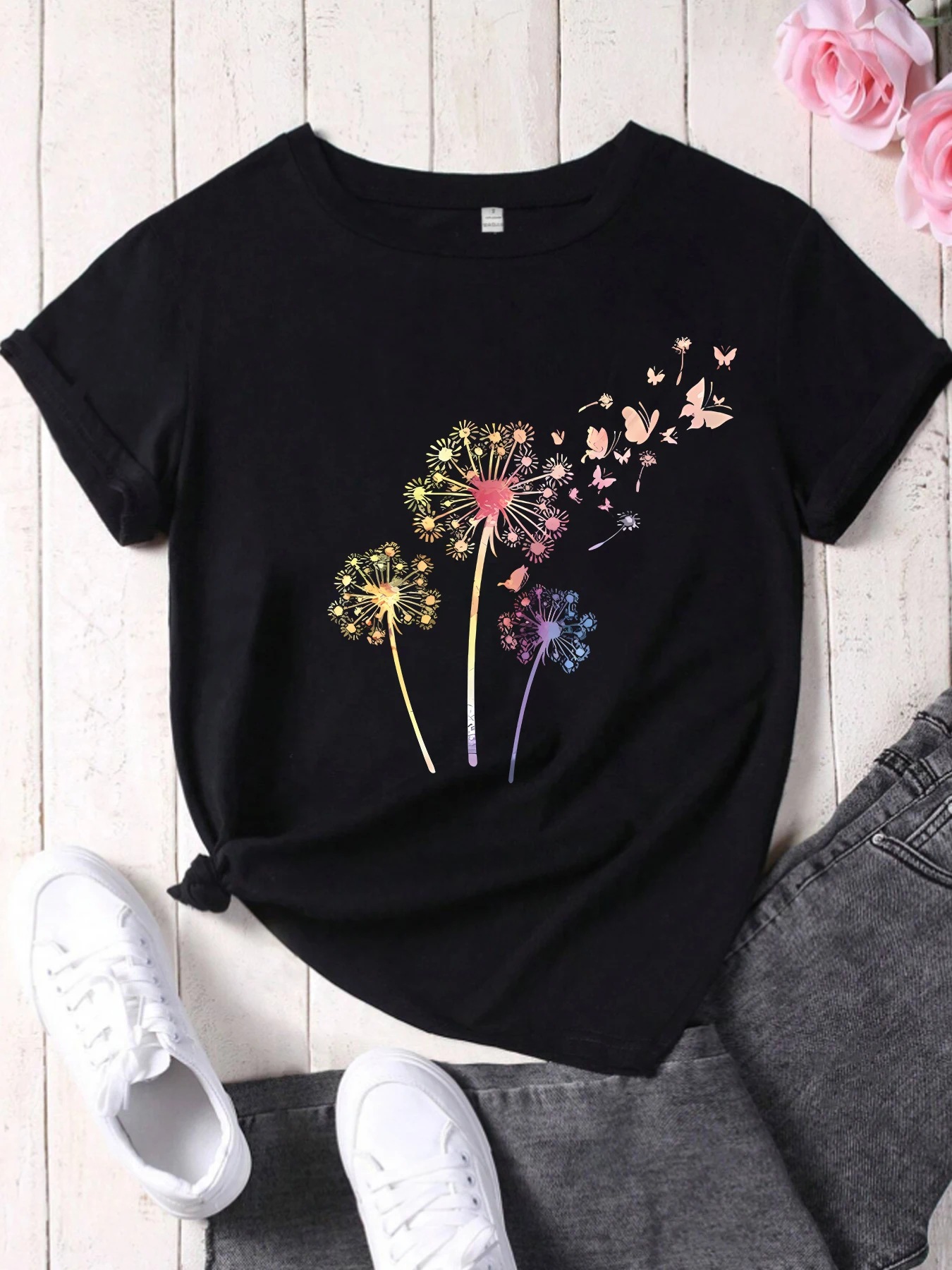 Dandelion and butterfly pattern ladies summer trend short sleeve casual Joker daily fashion T-shirt 
Dandelion and butterfly pattern ladies summer trend short sleeve casual Joker daily fashion T-shirt