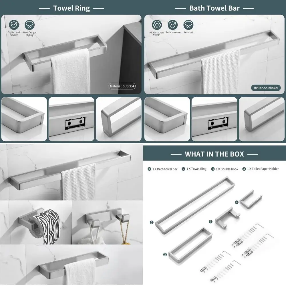 Stainless Steel 4-Piece Brushed Nickel Bathroom Hardware Set - Wall Mount Towel Racks & Holders
Stainless Steel 4-Piece Brushed Nickel Bathroom Hardware Set - Wall Mount Towel Racks & Holders