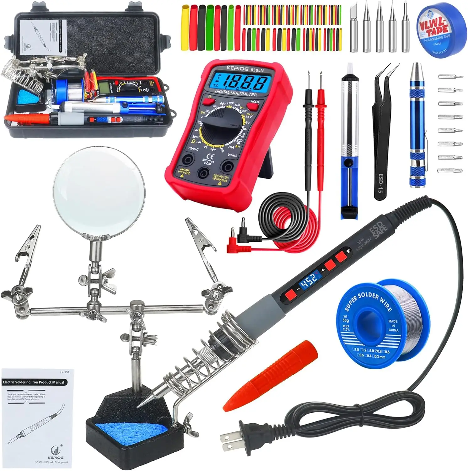 Soldering Iron Kit, 80W Adjustable Temp 180-500°C, Multimeter, Helping Hand, Desoldering Pump
Soldering Iron Kit, 80W Adjustable Temp 180-500°C, Multimeter, Helping Hand, Desoldering Pump