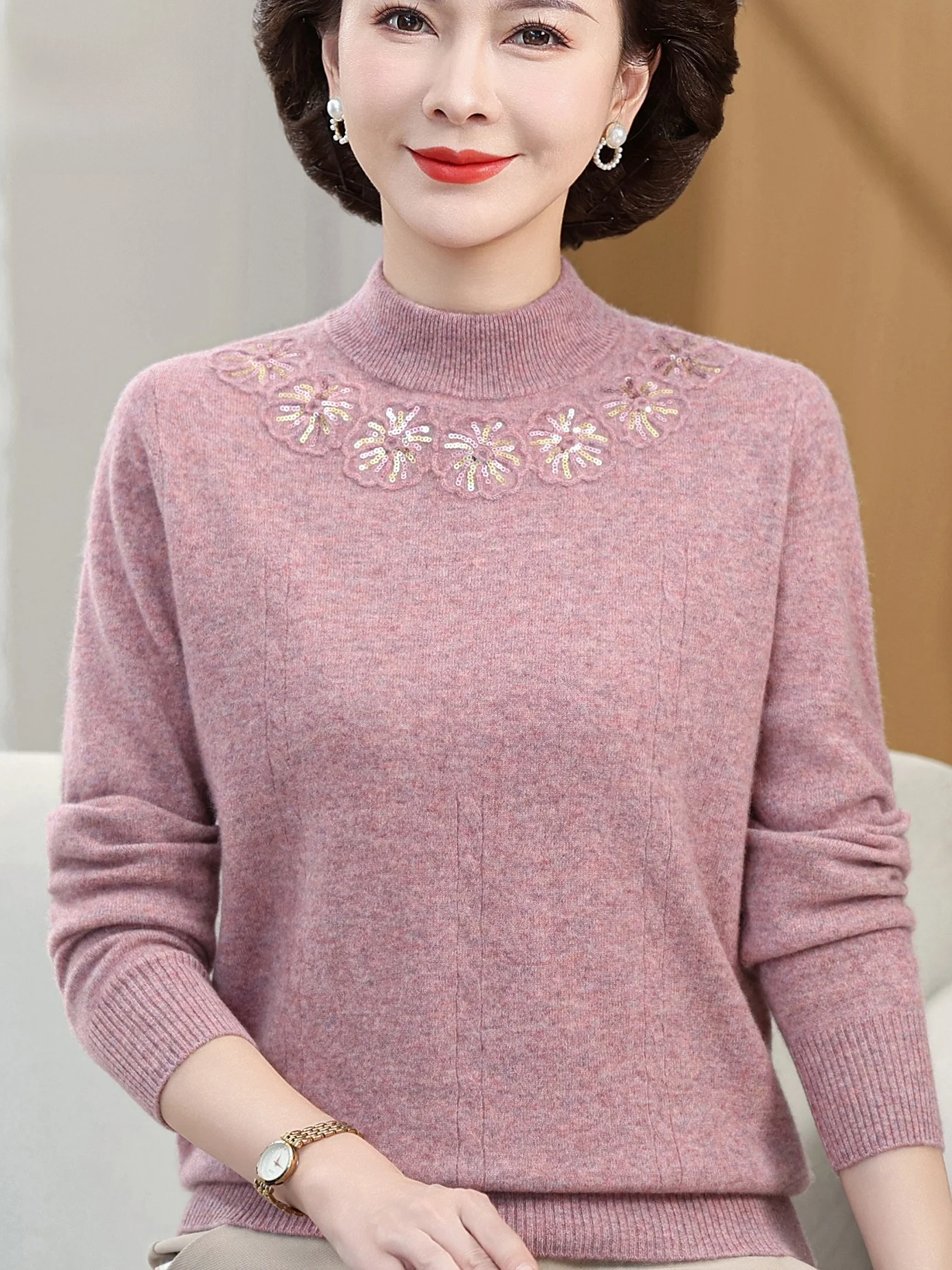 Autumn Winter Women's Knitted Wool Sweater Semi-High Collar Embroidered iny Sequin Base irt Middle-Aged And ly Sweater
Autumn Winter Women's Knitted Wool Sweater Semi-High Collar Embroidered iny Sequin Base irt Middle-Aged And ly Sweater