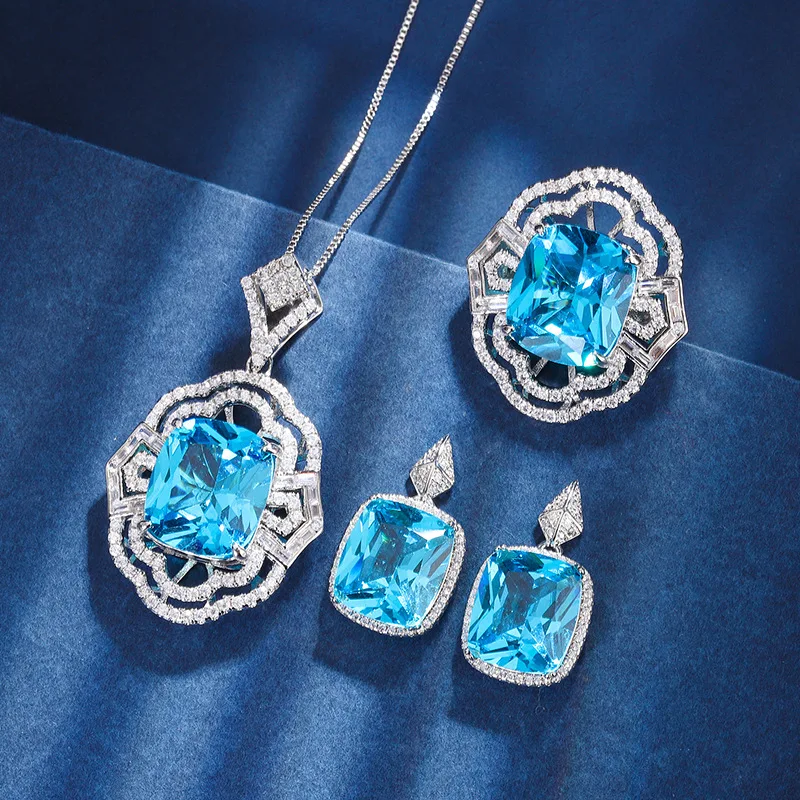 New European and American fashion sea blue jewelry set: pendant, ring with main stone 14*16, earrings 12*14
New European and American fashion sea blue jewelry set: pendant, ring with main stone 14*16, earrings 12*14
