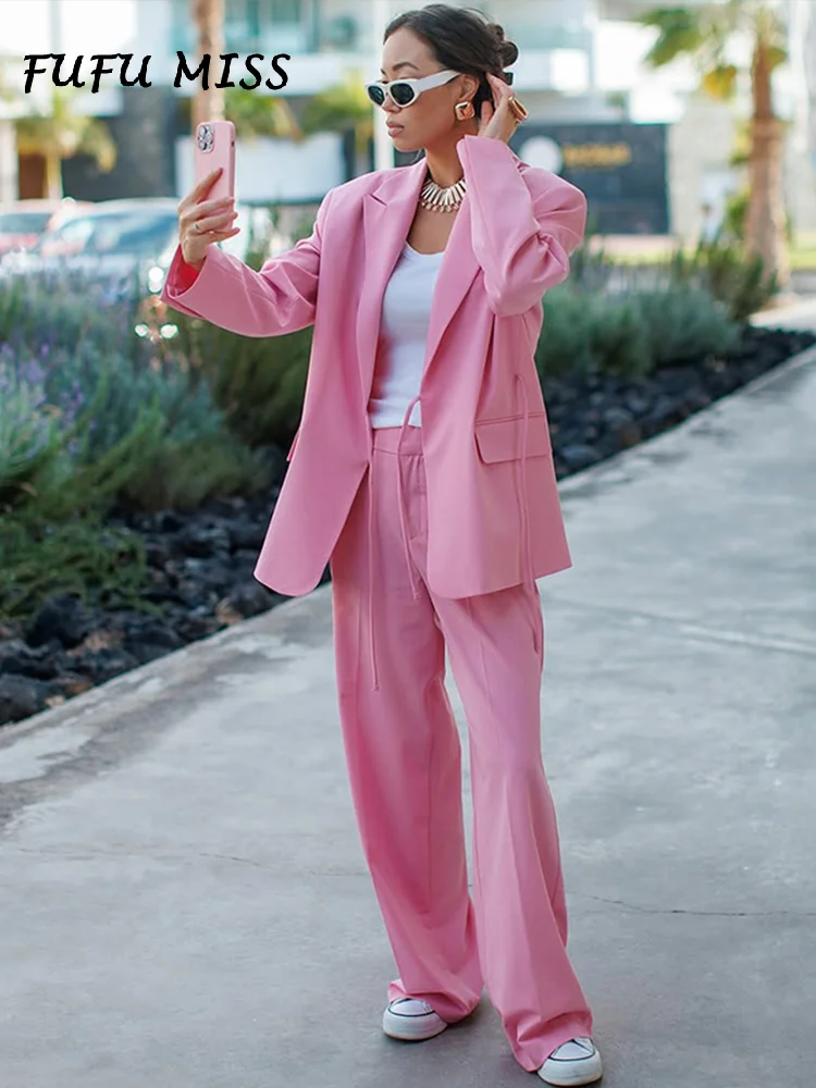 Elegant Pants Suit Women Loose Lapel Coat Lace up Full Sleeve Zipper Wide Leg Trousers Set Female Spring Autumn Pink Sets Lady
Elegant Pants Suit Women Loose Lapel Coat Lace up Full Sleeve Zipper Wide Leg Trousers Set Female Spring Autumn Pink Sets Lady