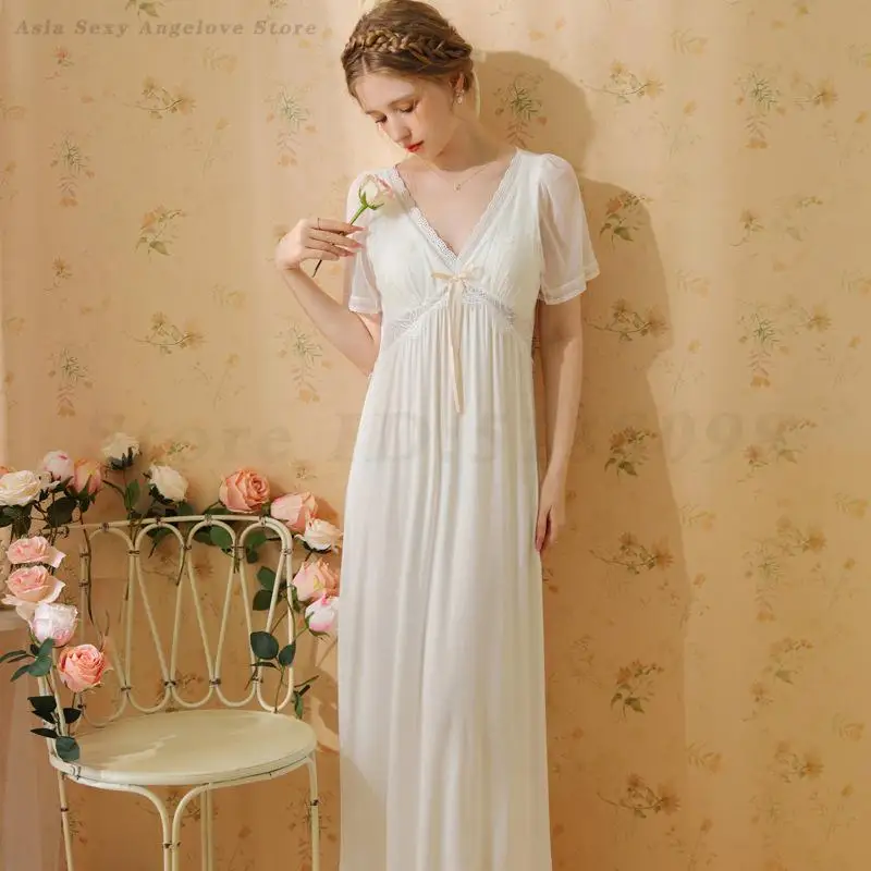 Long Lace Nightdress Sexy V-Neck Sweet Sleepwear Summer Short Sleeved Modal Soft Nightgown Loungewear Princess Style Home Dress
Long Lace Nightdress Sexy V-Neck Sweet Sleepwear Summer Short Sleeved Modal Soft Nightgown Loungewear Princess Style Home Dress