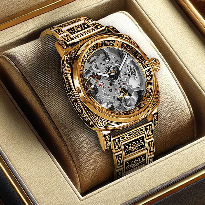 A men's vintage luxurious skeleton pentagram engraved gold case mechanical watch with a gold steel band
A men's vintage luxurious skeleton pentagram engraved gold case mechanical watch with a gold steel band