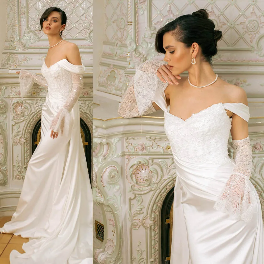 Sweetheart Beaded Lace Applique Satin Sheath/Mermaid Wedding Dress with Detachable Train Custom Made New Popular 2026
Sweetheart Beaded Lace Applique Satin Sheath/Mermaid Wedding Dress with Detachable Train Custom Made New Popular 2026