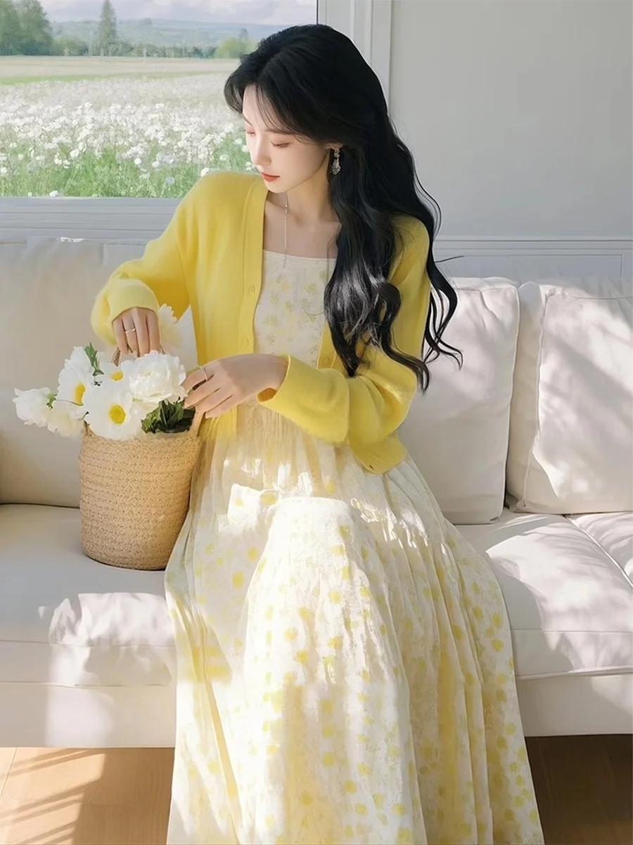 Yellow Knitted Floral Print Dr And Cardigan Set plus Size Comfortable Korean Sle Spring Faion Women's Two-Piece Suit
Yellow Knitted Floral Print Dr And Cardigan Set plus Size Comfortable Korean Sle Spring Faion Women's Two-Piece Suit