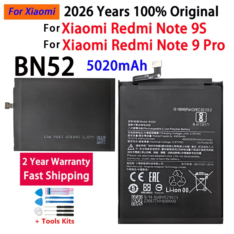 2026 Years 100% Original BN52 5020mAh Battery For Xiaomi Redmi Note 9S Note 9 Pro Phone Replacement Batteries Fast Shipping
2026 Years 100% Original BN52 5020mAh Battery For Xiaomi Redmi Note 9S Note 9 Pro Phone Replacement Batteries Fast Shipping