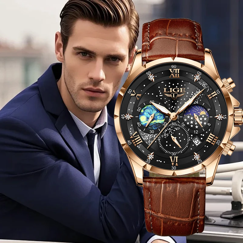 LIGE Fashion Luxury Man Watch Retro Simple Classic Casual Sport 24h-Moon Phase Auto Date Leather Strap Quartz Men Wristwatch+Box
LIGE Fashion Luxury Man Watch Retro Simple Classic Casual Sport 24h-Moon Phase Auto Date Leather Strap Quartz Men Wristwatch+Box