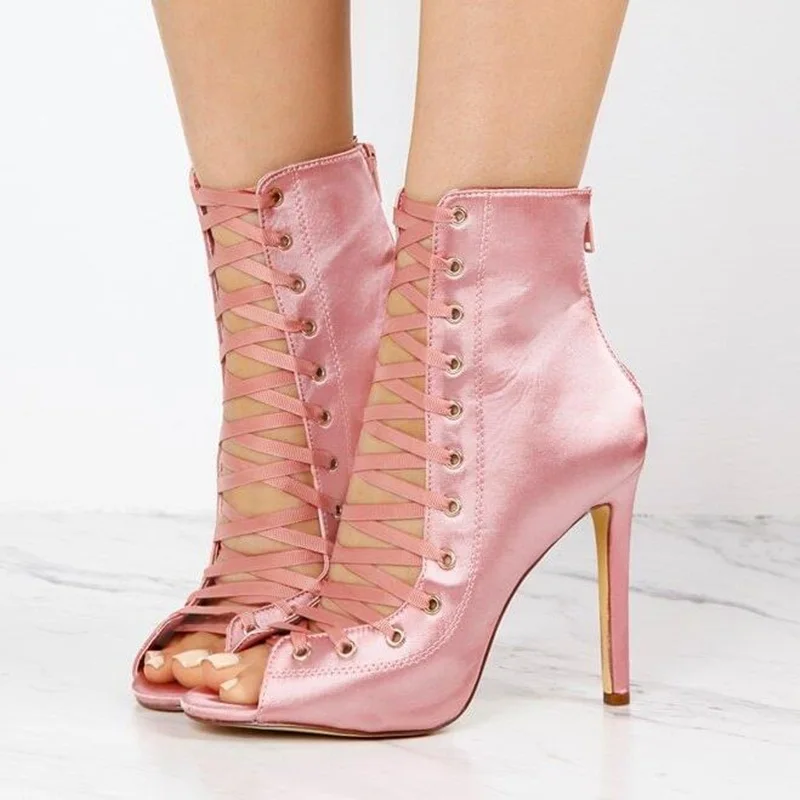 Lace Up Peep Toe Heeled Ankle Boots Pink Satin Ribbon Tie Cover Heels Spring Autumn Female Modern Shoes
Lace Up Peep Toe Heeled Ankle Boots Pink Satin Ribbon Tie Cover Heels Spring Autumn Female Modern Shoes