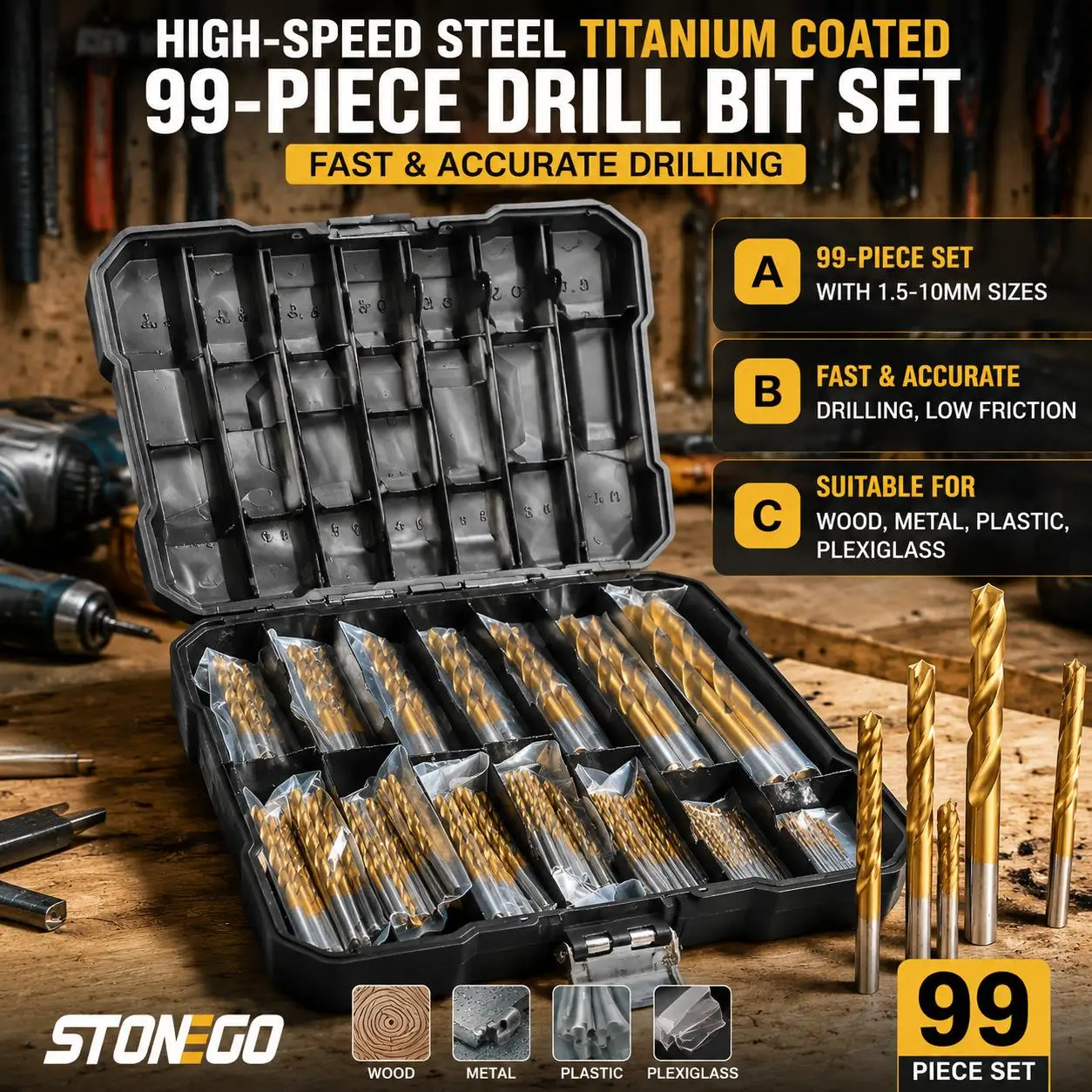 99 Piece Titanium Drill Bit Set for High Speed Steel Drill Bits suitable for Steel Plate Wood Plastic Metal Copper Alloy and Woodworking Projects includes Hole Opener and Durable Shank Bits for Precise Drilling in Home Workshop
99 Piece Titanium Drill Bit Set for High Speed Steel Drill Bits suitable for Steel Plate Wood Plastic Metal Copper Alloy and Woodworking Projects includes Hole Opener and Durable Shank Bits for Precise Drilling in Home Workshop