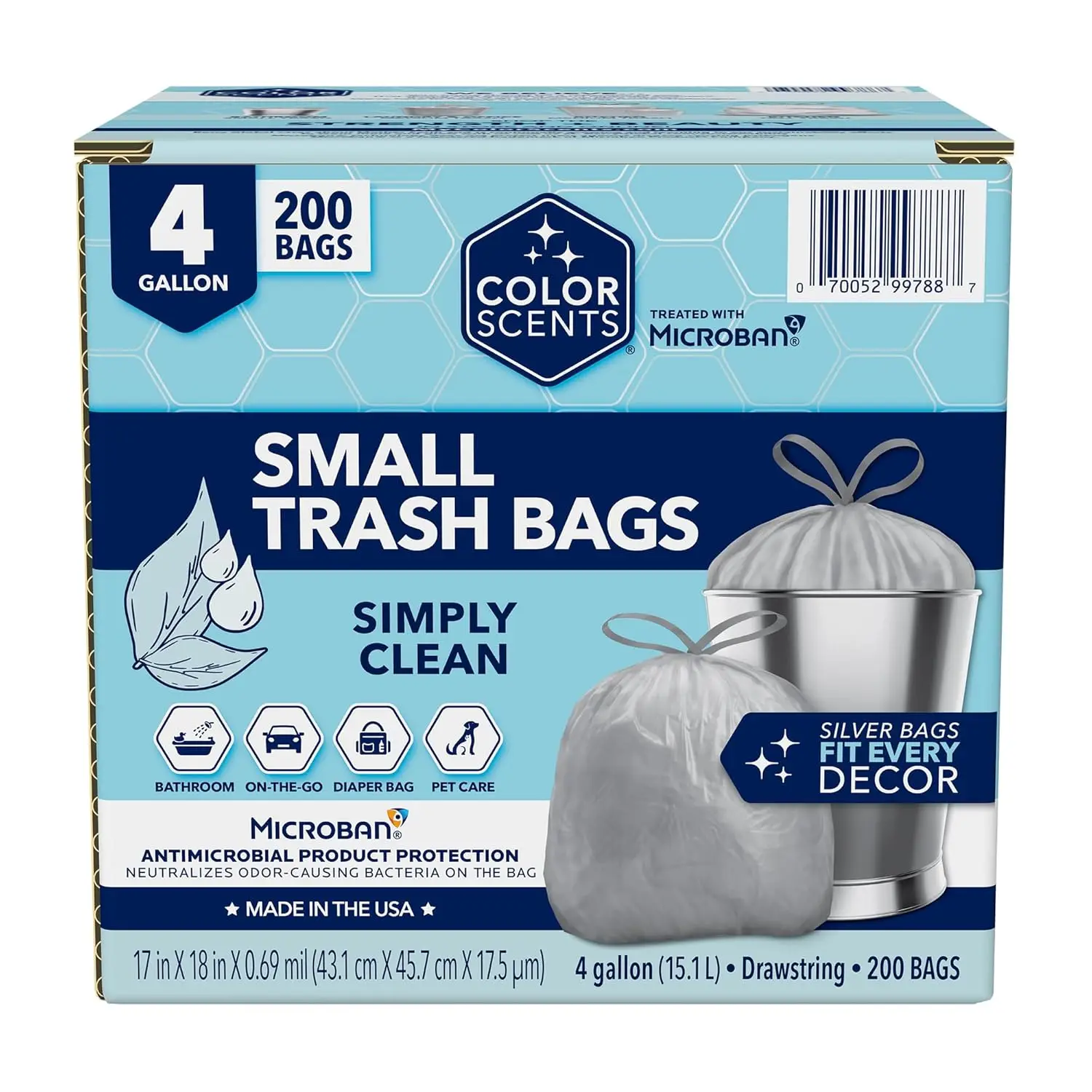 4 Gallon Drawstring Trash Bags, 200 Count Pack in Silver with Simply Clean Scent and Microban Protection
4 Gallon Drawstring Trash Bags, 200 Count Pack in Silver with Simply Clean Scent and Microban Protection