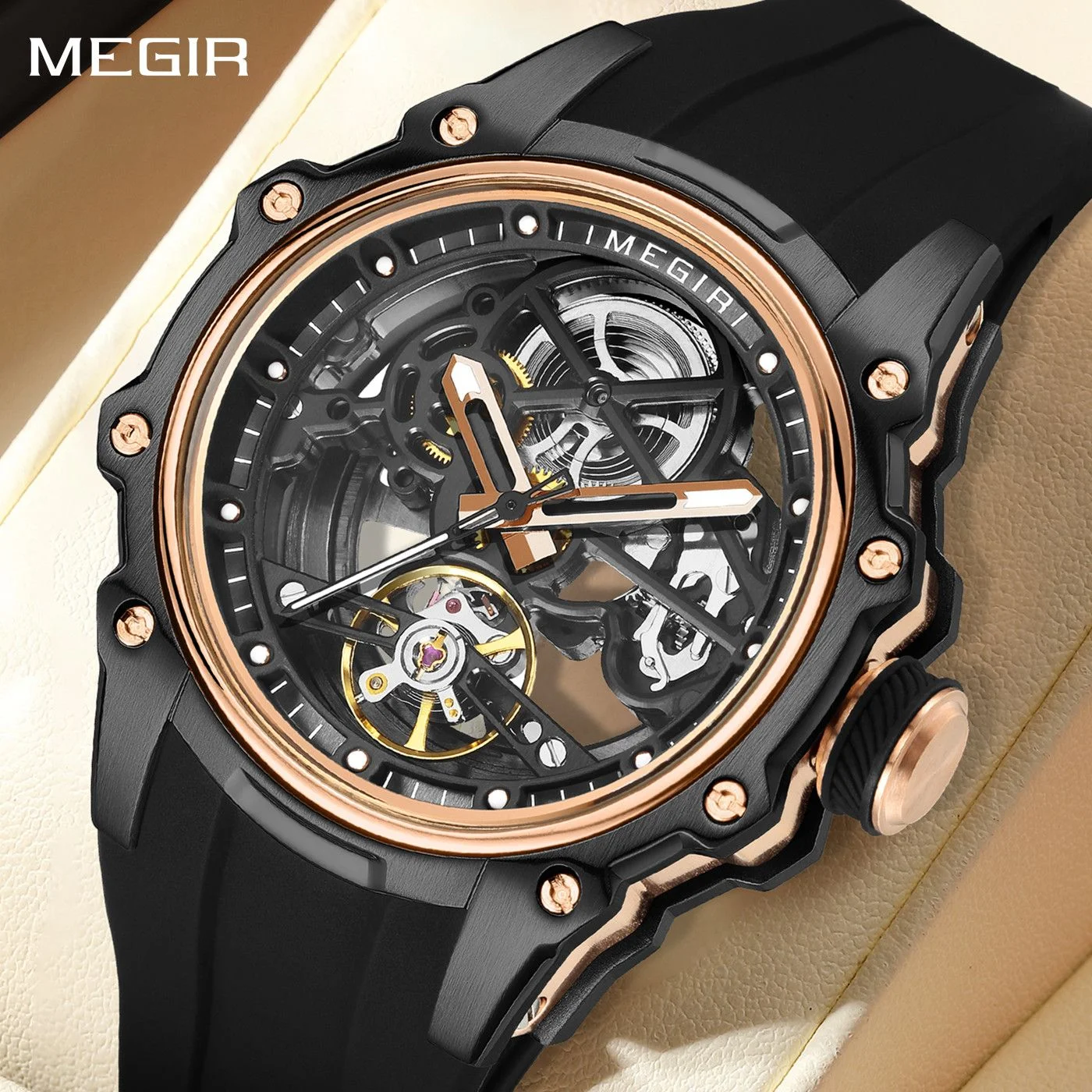 MEGIR Sports Automatic Mechanical Watch for Men Fashion Stainless Steel Cased Wristwatch with White Silicone Strap Skeleton Dial
MEGIR Sports Automatic Mechanical Watch for Men Fashion Stainless Steel Cased Wristwatch with White Silicone Strap Skeleton Dial