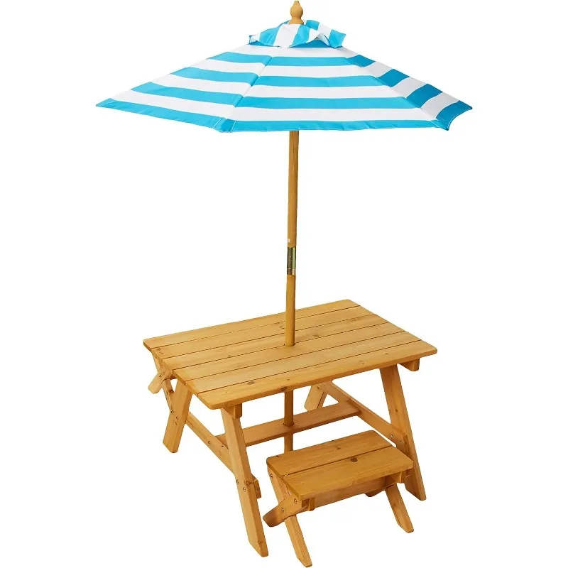 Outdoor Wooden Table & Bench Set with Striped Umbrella, Children's Backyard Furniture, Turquoise and White
Outdoor Wooden Table & Bench Set with Striped Umbrella, Children's Backyard Furniture, Turquoise and White