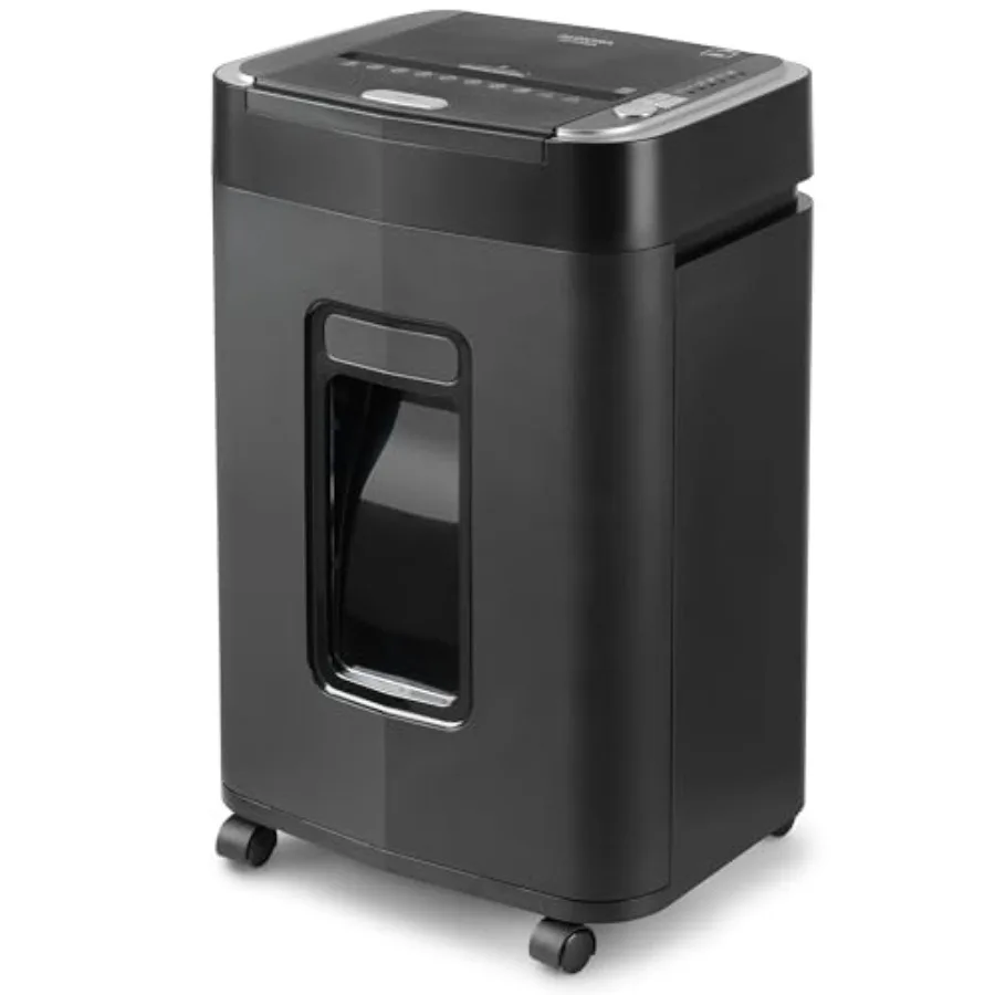 Office-use auto-feed paper and credit card shredder with steel blades, black finish, 60-minute continuous run time
Office-use auto-feed paper and credit card shredder with steel blades, black finish, 60-minute continuous run time