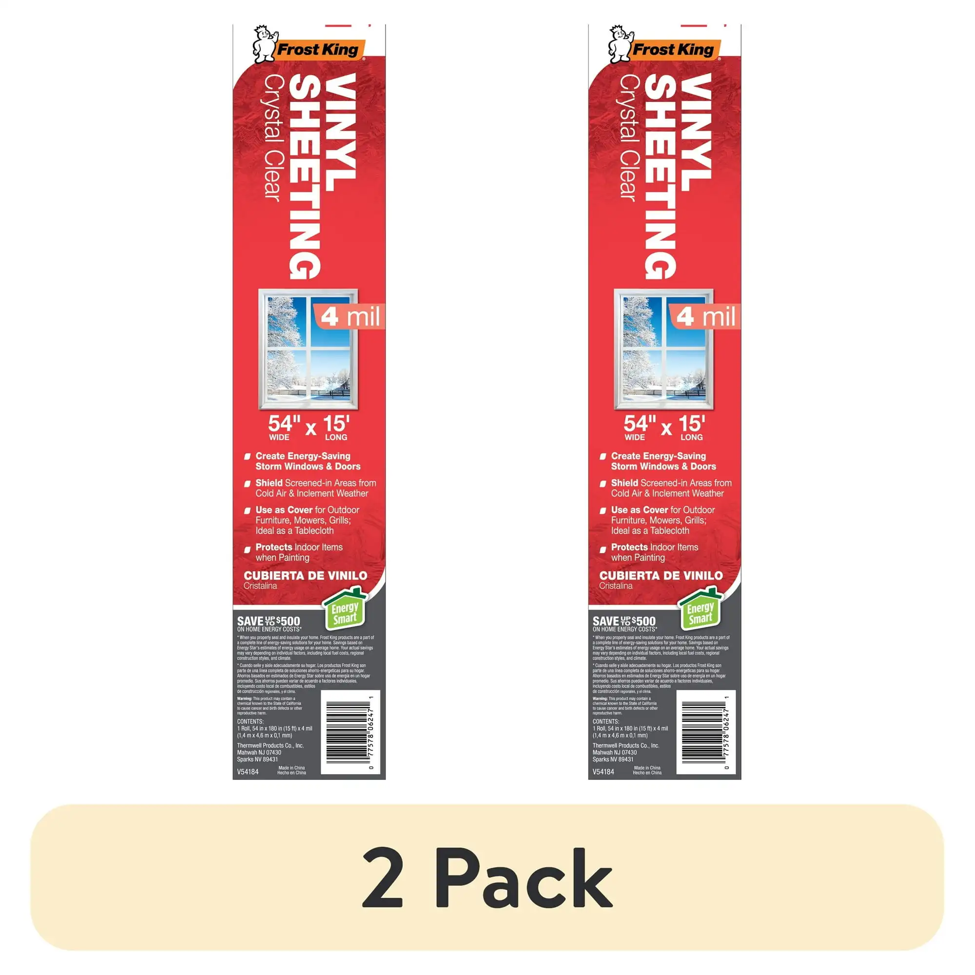 (2 pack) Frost King® V54184 Crystal Clear Vinyl Sheeting / Surface Protection Film, 54" X 15' X 4Mil
(2 pack) Frost King® V54184 Crystal Clear Vinyl Sheeting / Surface Protection Film, 54" X 15' X 4Mil