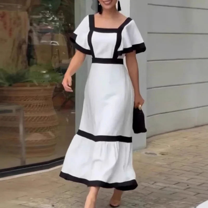 Sexy Women High Waist Big Hem Long Dress Female 2025 Square Collar Stitching Dress New Elegant French Short Sleeve A-Line Dress
Sexy Women High Waist Big Hem Long Dress Female 2025 Square Collar Stitching Dress New Elegant French Short Sleeve A-Line Dress