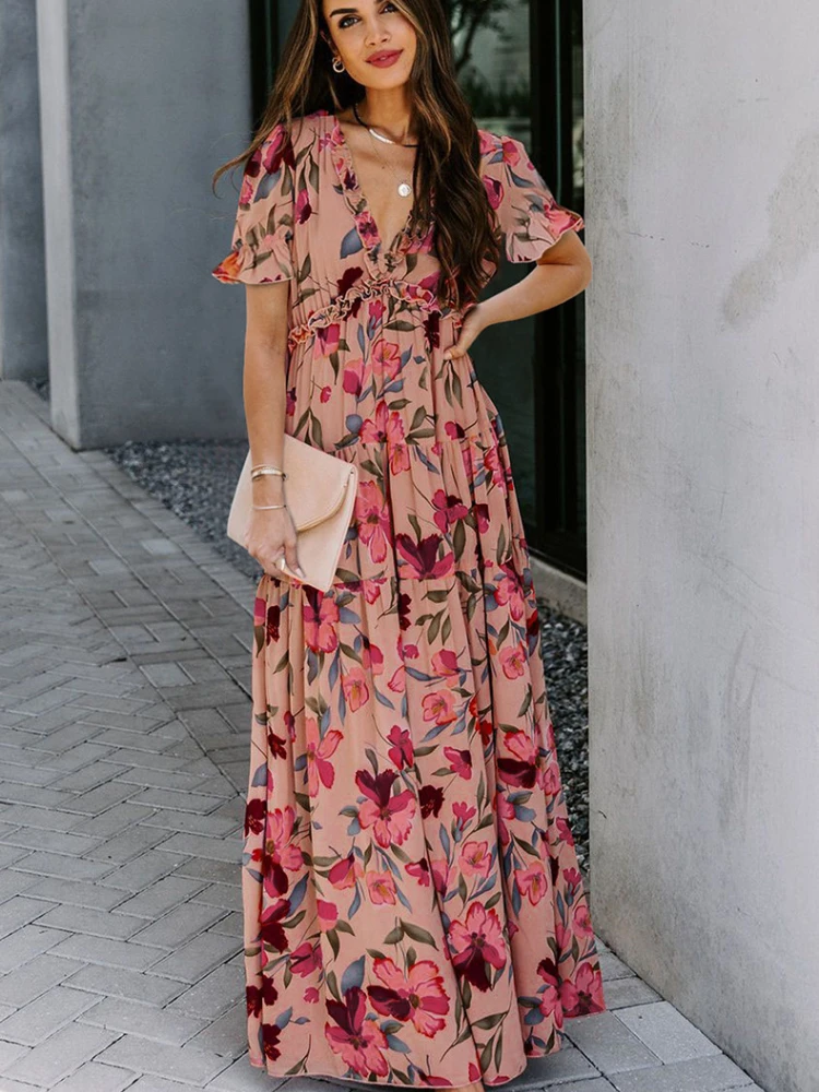 Floral Print Long Dress Women Elegant V Neck Casual Loose Maxi Dress Summer Ladies Vintage High Waist Short Sleeve Dress
Floral Print Long Dress Women Elegant V Neck Casual Loose Maxi Dress Summer Ladies Vintage High Waist Short Sleeve Dress