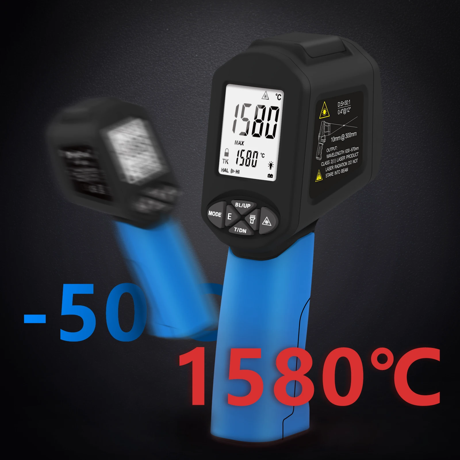 Industrial Infrared Thermometer -50℃~1580℃ 30:1 D:S Ratio Adjustable Emissivity Non-Contact Laser Temperature Gun
Industrial Infrared Thermometer -50℃~1580℃ 30:1 D:S Ratio Adjustable Emissivity Non-Contact Laser Temperature Gun