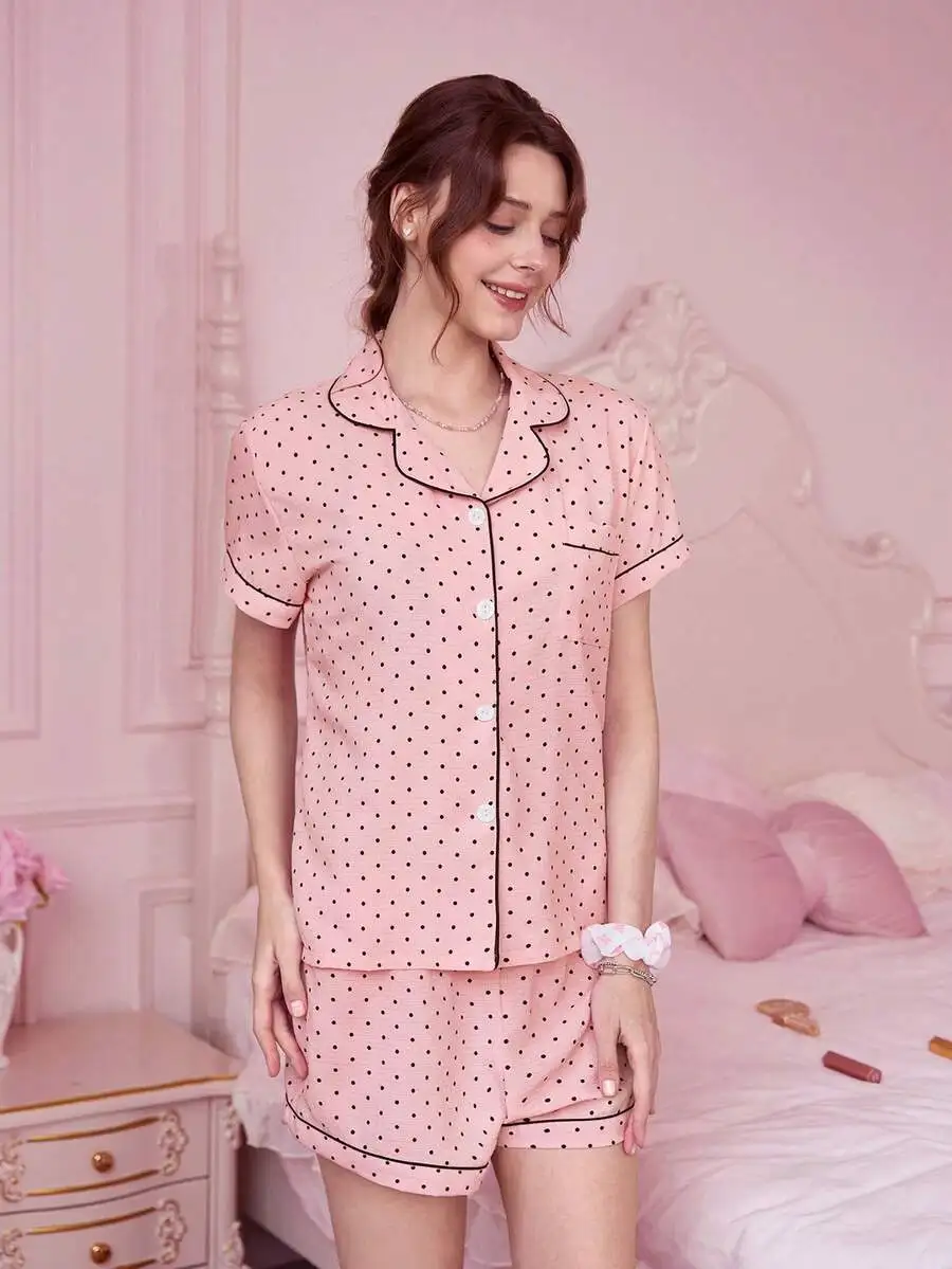 Women Polka Dot Short Sleeve Button Up Pajama Set With Bowknot Shorts Summer Loungewear
Women Polka Dot Short Sleeve Button Up Pajama Set With Bowknot Shorts Summer Loungewear