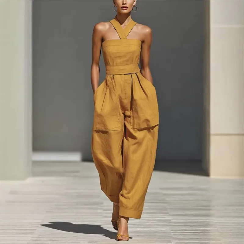 New Solid Patchwork Pocket Chic Jumpsuits Women Spring Summer Halter Lacing Up Playsuits Sleeveless Elgant Ladies Bodysuits
New Solid Patchwork Pocket Chic Jumpsuits Women Spring Summer Halter Lacing Up Playsuits Sleeveless Elgant Ladies Bodysuits